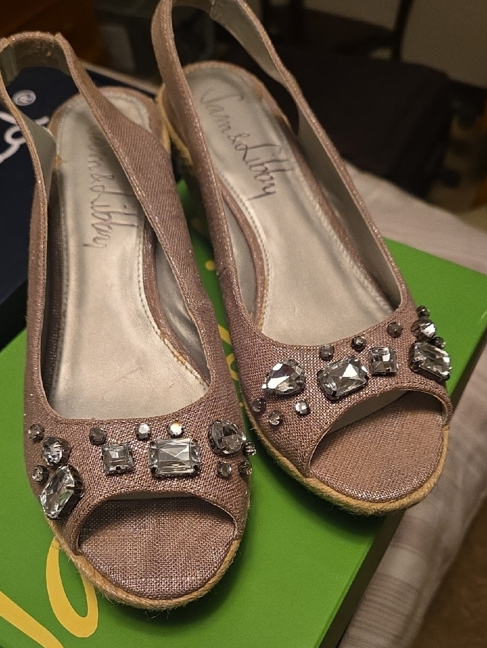 Sam & Libby taupe Crystal Embellished Peep-Toe Espadrilles